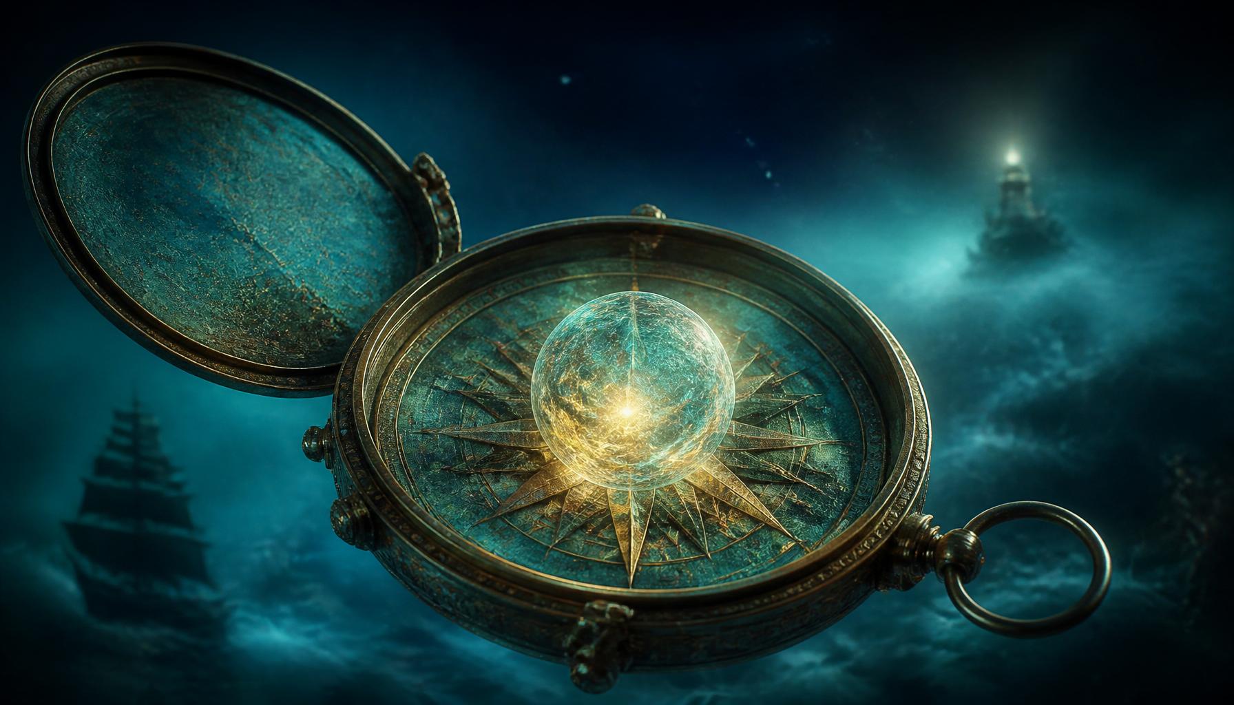 Boussole ancienne ouverte, sphère lumineuse en son centre — conscience et navigation